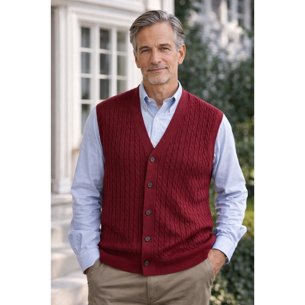 KALLSPIN Mens Cable Knit Sweater Vest 3XL Tall Burgundy‎ Cashmere Wool